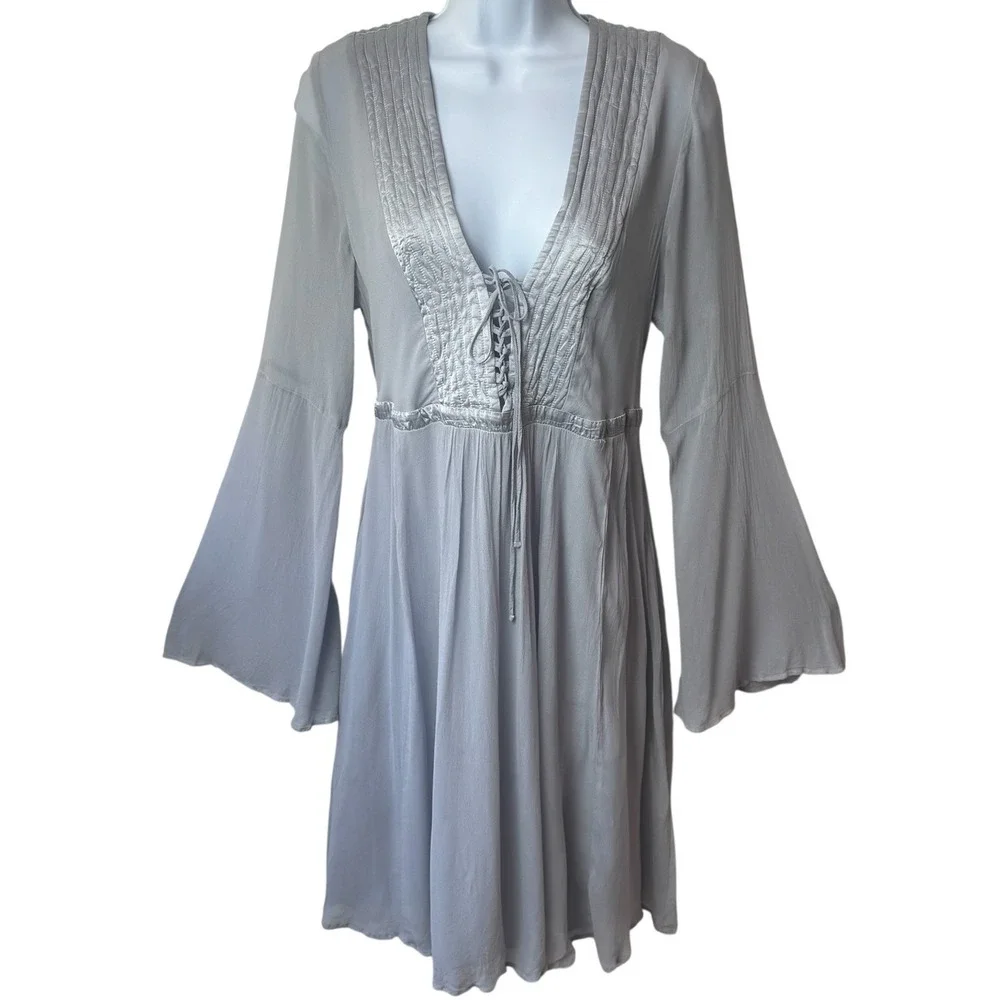 Anthropologie Ghost Bell Sleeve Grey Peasant Dress Fairy Renaissance Ethereal S - Picture 2 of 12
